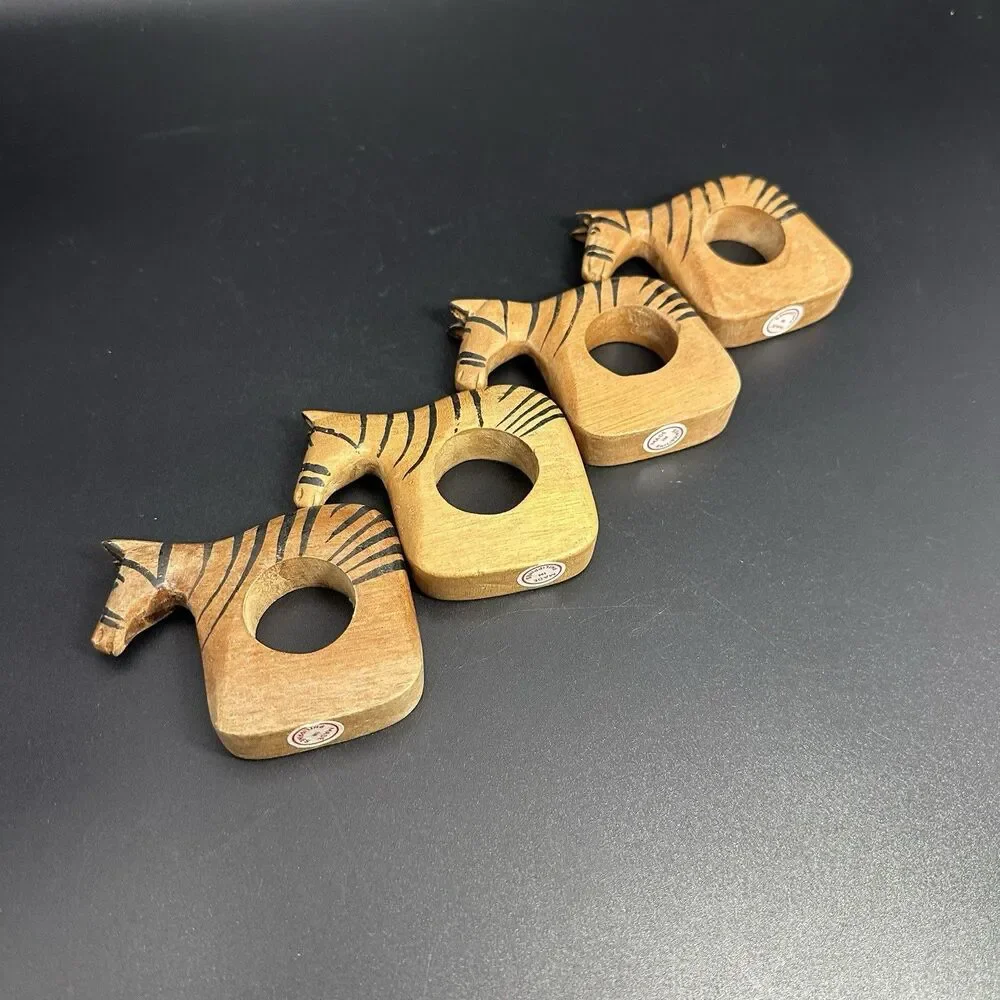 Vintage Wood Zebra Napkin Rings Set 4 Hand Carved Philippine Safari Table Decor